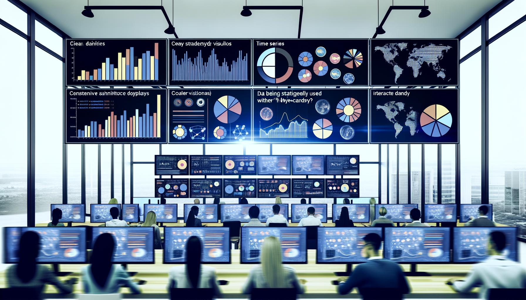 In einem modernen Büro analysieren Menschen konzentriert interaktive Dashboards mit Zeitreihen, Balkendiagrammen und Heatmaps, um Daten strategisch zu nutzen.