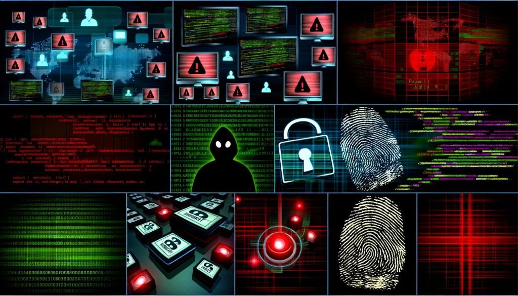Serverraum mit mehreren Monitoren, digitalen CMS-Dashboards, Warnhinweis auf einen Sicherheitsvorfall, Code und Fingerabdrucklinien. Im Hintergrund schemenhafte Hacker, im Vordergrund ein Administrator an der Tastatur.