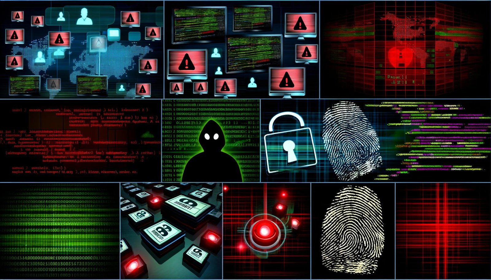Serverraum mit mehreren Monitoren, digitalen CMS-Dashboards, Warnhinweis auf einen Sicherheitsvorfall, Code und Fingerabdrucklinien. Im Hintergrund schemenhafte Hacker, im Vordergrund ein Administrator an der Tastatur.