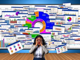 Ein völlig überladenes Analytics-Dashboard mit bunten Diagrammen, überlappenden Datenpunkten und einem frustrierten Datenanalysten im Vordergrund.