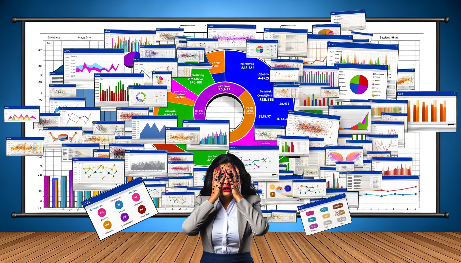Ein völlig überladenes Analytics-Dashboard mit bunten Diagrammen, überlappenden Datenpunkten und einem frustrierten Datenanalysten im Vordergrund.