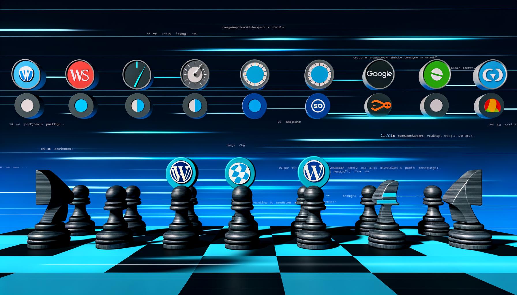 Verschiedene CMS-Logos als Schachfiguren auf digitalem Schachbrett mit Geschwindigkeitssymbolen und SEO-Icons im Hintergrund.