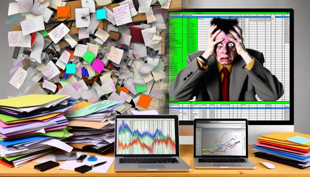 Gestresster Mitarbeiter am chaotischen Schreibtisch mit Excel-Listen und Notizen, daneben ein klares PIM-System-Interface auf einem Monitor.