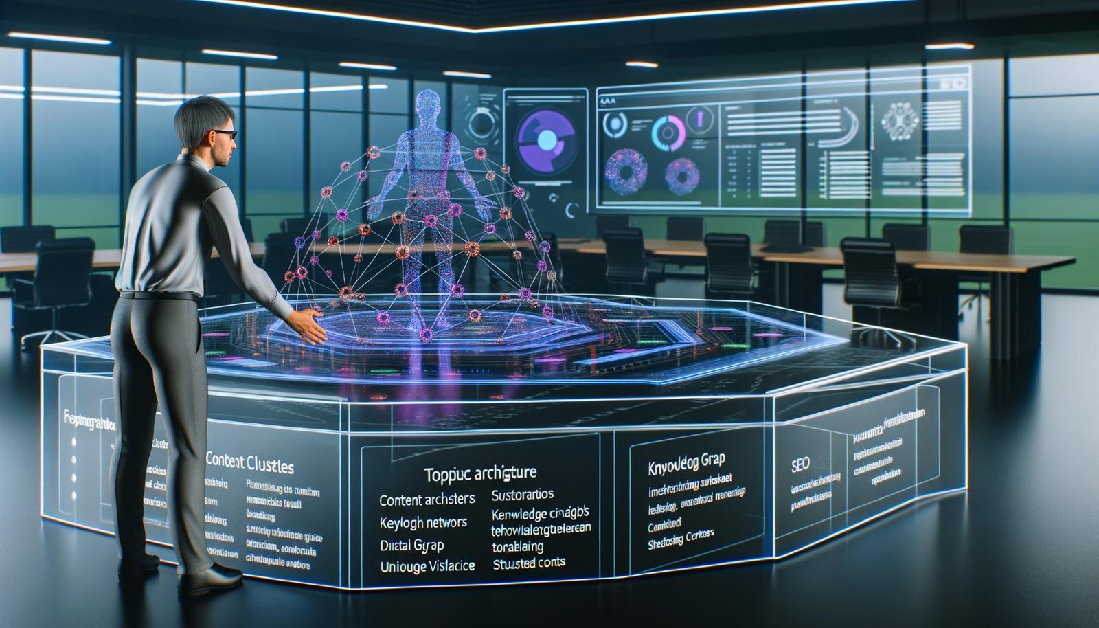 Futuristisches Büro mit Mensch und KI-Hologramm, die an einem transparenten Touchscreen-Tisch mit Content-Architektur-, SEO- und Datenvisualisierungen arbeiten.
