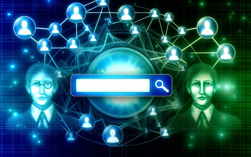 Stilisiertes Suchmaschinen-Interface mit zentraler Google-Suchleiste, vernetztem Webseiten-Hintergrund und halbtransparenten Porträts von Larry Page und Sergey Brin.