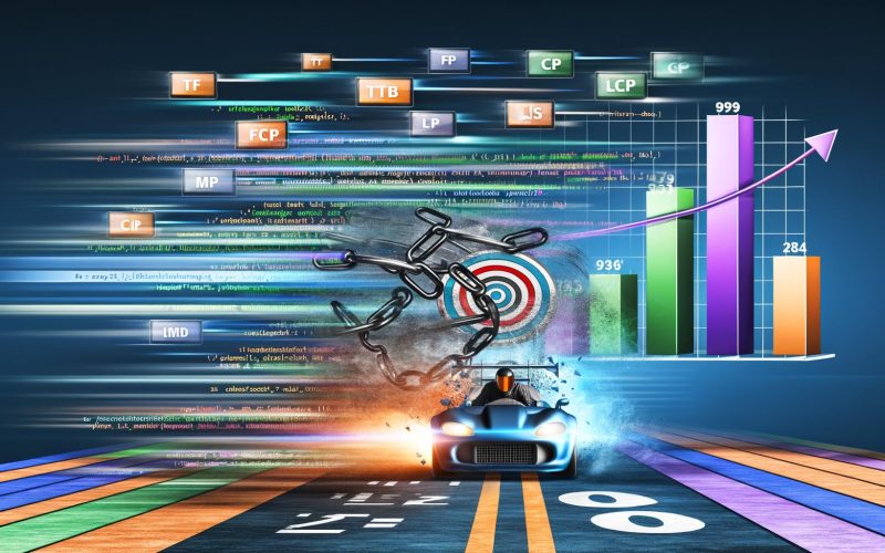 Infografik zeigt moderne Rennwagen, digitale Metrik-Anzeigen und Vergleich von schneller und langsamer Website – starke Icons für TTFB, FCP, LCP, CLS, mobile Geräte, internationale Performance-Messung und Schritte zur Pagespeed-Optimierung.