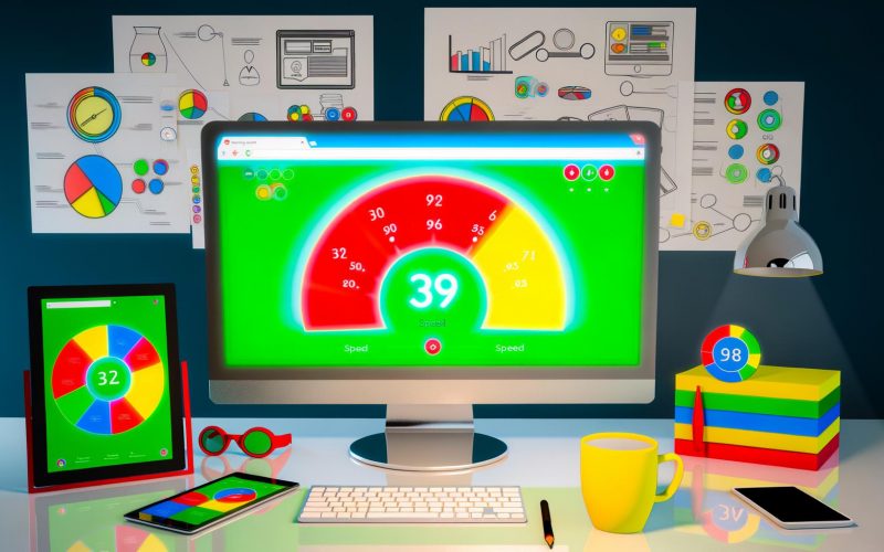 Desktop mit Google Pagespeed Insights Dashboard, umgeben von Website-Skizzen, Notizen, Tablet, Smartphone und Kaffeebecher, im Hintergrund Icons für Geschwindigkeit, SEO und User Experience.