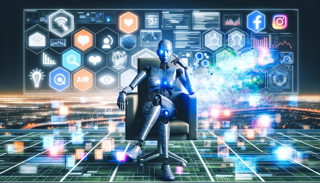 Futuristischer KI-Agent als digitaler Avatar im Steuerpult eines Marketing-Cockpits, umgeben von Hologrammen, Daten und Social Media Icons vor tech-lastiger Skyline