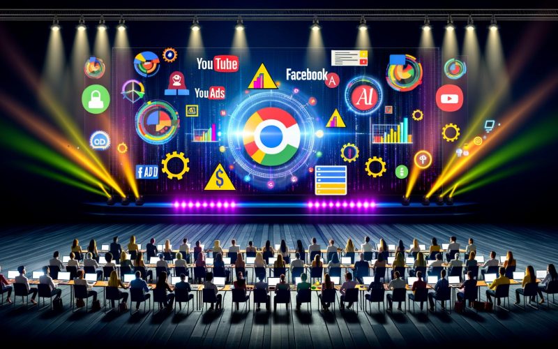 Digitale Bühne mit riesigem Bildschirm, Marketing-Team vor Laptops, Paid Media Logos wie Google Ads, Facebook, YouTube, dazu Datenströme, Social Media Icons sowie gestalterische Elemente von Owned und Earned Media.