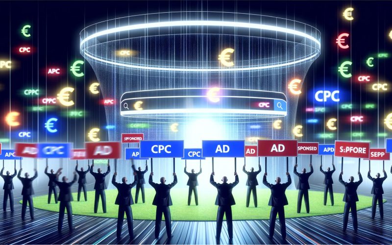 Metaphorische Illustration einer digitalen Arena mit SERPs, deutlich gekennzeichneten Anzeigen, Geschäftsleuten mit Werbetafeln und einer Suchmaschine im Hintergrund umgeben von Datenströmen.