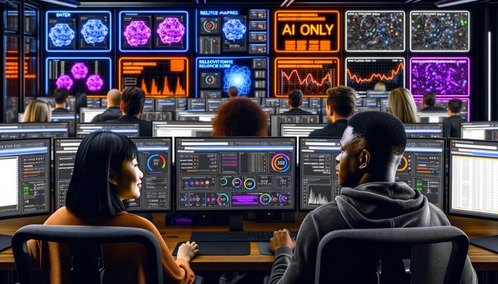 Zwei Marketing-Profis am Schreibtisch mit mehreren ultrabreiten Monitoren, die Echtzeitdaten, Heatmaps und Conversion-Raten anzeigen; neonbeleuchtetes 'AI ONLY'-Schild im modernen Technikraum.