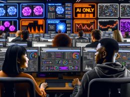 Zwei Marketing-Profis am Schreibtisch mit mehreren ultrabreiten Monitoren, die Echtzeitdaten, Heatmaps und Conversion-Raten anzeigen; neonbeleuchtetes 'AI ONLY'-Schild im modernen Technikraum.