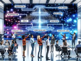 Team diskutiert vor Whiteboard mit komplexem Architekturschaltbild zu KI-Infrastruktur, Machine Learning und Orchestrierung im modernen Büro mit großen Monitoring-Displays.