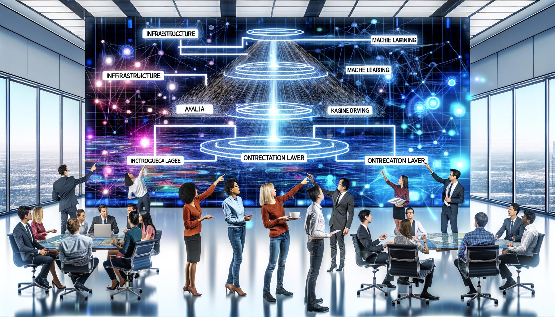 Team diskutiert vor Whiteboard mit komplexem Architekturschaltbild zu KI-Infrastruktur, Machine Learning und Orchestrierung im modernen Büro mit großen Monitoring-Displays.