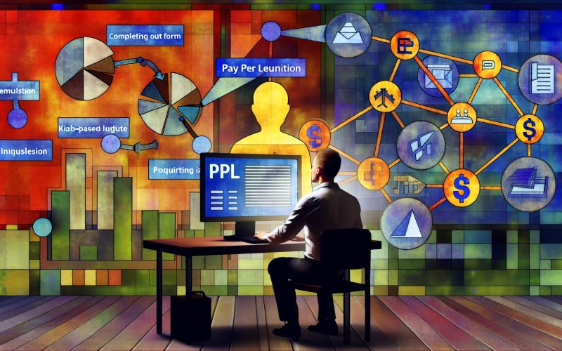 Illustration eines digitalen Marketers mit PPL-Dashboard, umgeben von Icons für Kontaktformular, Newsletter, Download und Beratung. Verschwommene PPC- und CPM-Symbole sind im Hintergrund zu sehen.