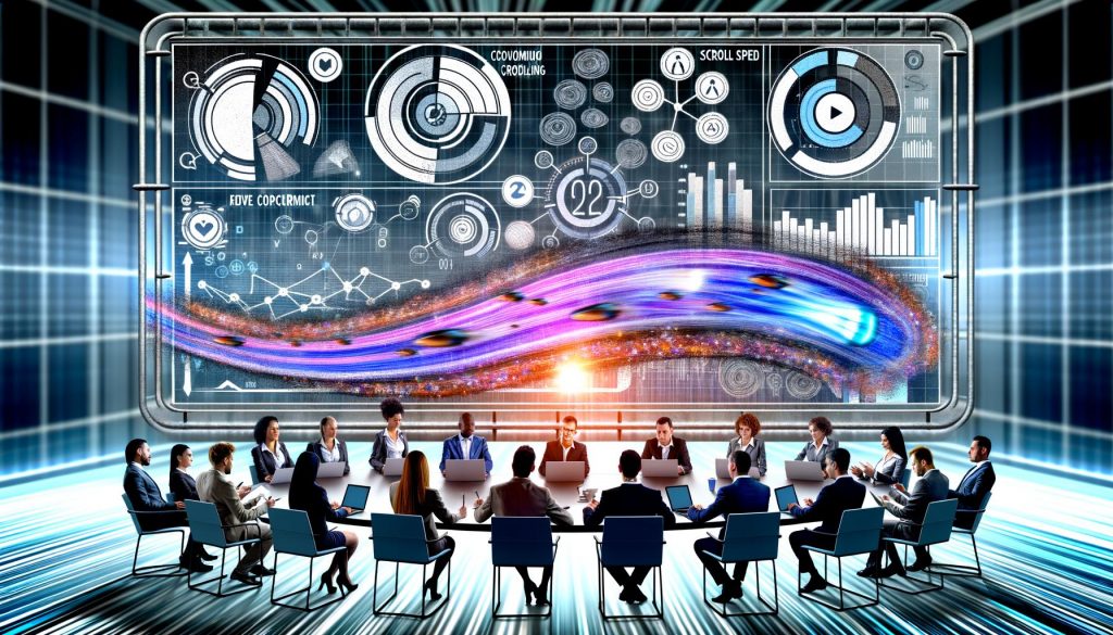 Illustration einer energiegeladenen Online-Marketing-Konferenz 2025 mit Experten, die Scrollverhalten-Daten an einem Bildschirm analysieren und von digitalen Optimierungssymbolen umgeben sind.