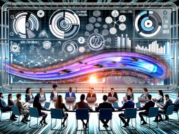 Illustration einer energiegeladenen Online-Marketing-Konferenz 2025 mit Experten, die Scrollverhalten-Daten an einem Bildschirm analysieren und von digitalen Optimierungssymbolen umgeben sind.