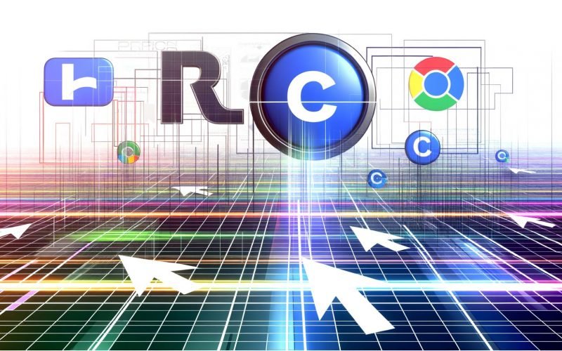 Digitales Spielfeld mit bunten Linien, Datenpunkten, großen Klick-Buttons, Suchmaschinenlogos und abstrahierten Werbeanzeigen, im Stil eines strategischen Schachbretts gestaltet.