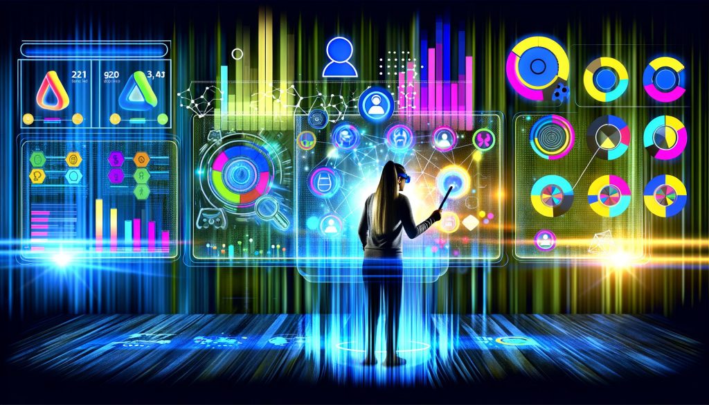 Moderne digitale Arbeitsumgebung mit mehreren Monitoren, Analyse-Tools, Heatmaps und einer Person, die eine User-Journey-Map auswertet, umgeben von Icons für CTR, Conversion Rate und Behavioral Analytics