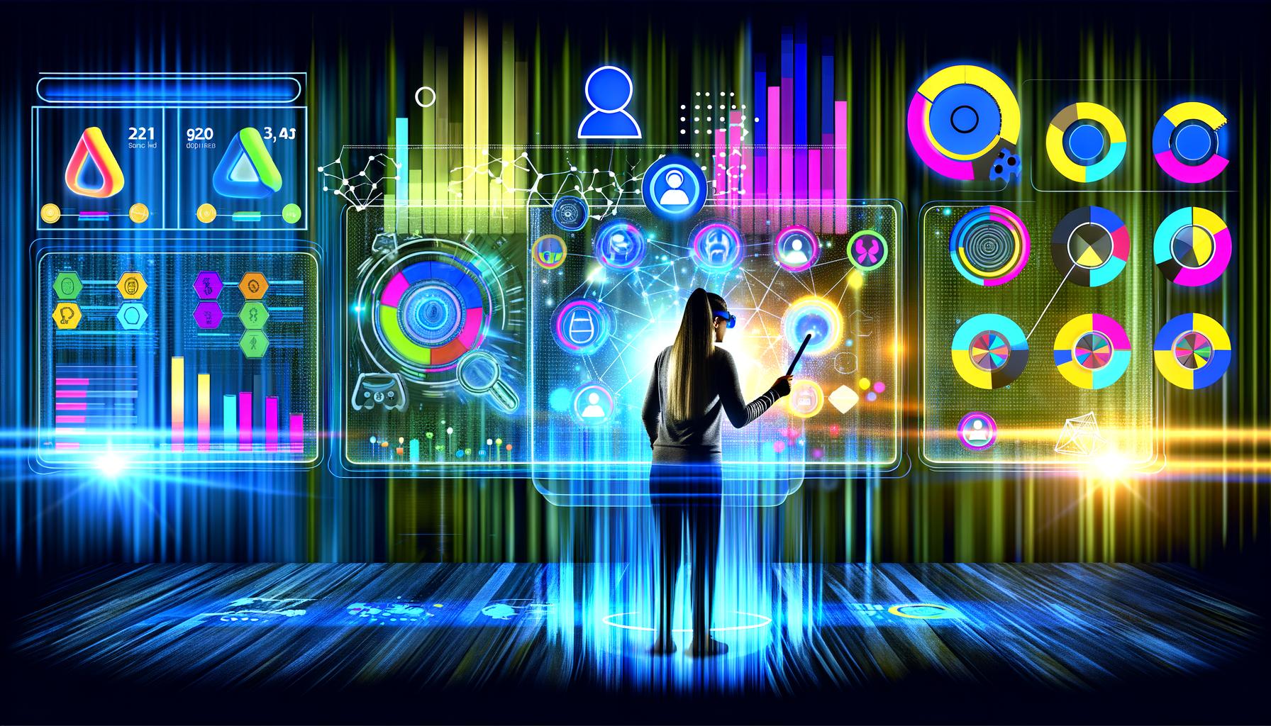 Moderne digitale Arbeitsumgebung mit mehreren Monitoren, Analyse-Tools, Heatmaps und einer Person, die eine User-Journey-Map auswertet, umgeben von Icons für CTR, Conversion Rate und Behavioral Analytics