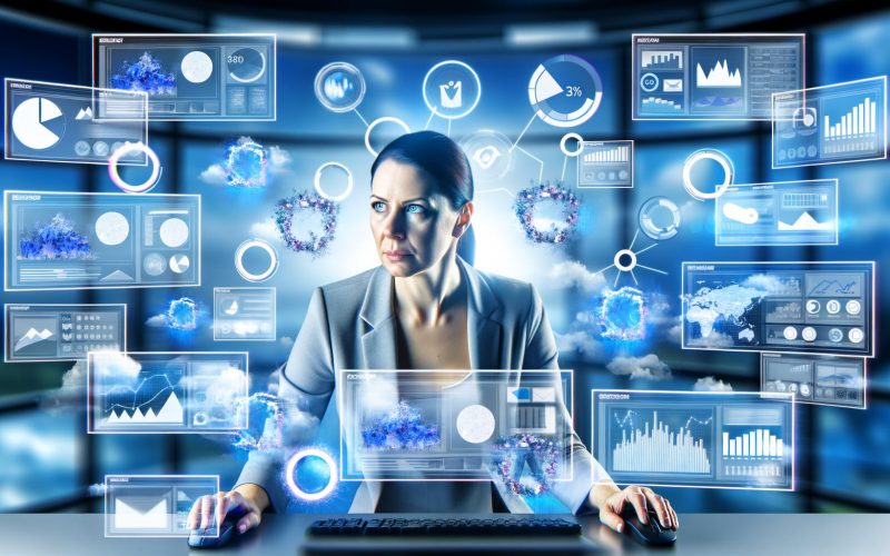 Marketer vor digitalen Dashboards mit Marketing-KPIs und Icons für Google Ads, Facebook, E-Mail und Analyse-Tools in einem modernen, blau-weißen Kontrollzentrum