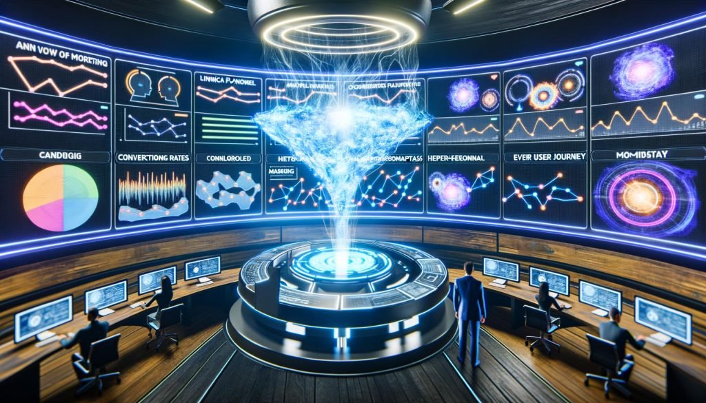 Futuristischer Kontrollraum mit leuchtenden Dashboards und KI-gesteuertem neuronalen Netzwerk, das Echtzeit-Daten auswertet und personalisierte Marketingpfade visualisiert