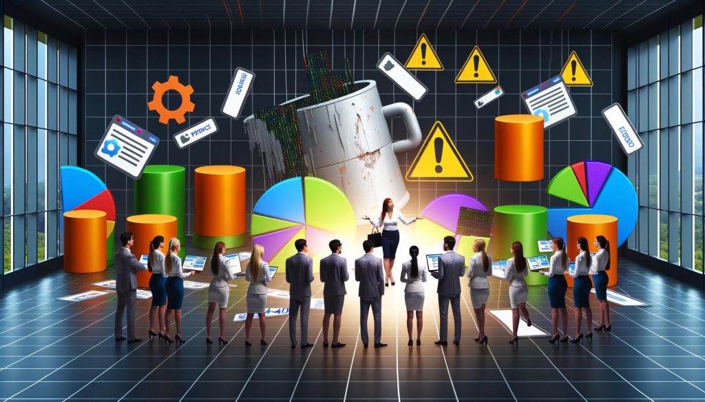 Futuristisches Agenturbüro mit Marketers, die bunte Kampagnendiagramme präsentieren; dahinter eine bröckelnde digitale Infrastruktur voller Fehler, Warnsymbole und algorithmischer Bedrohungen, während Website-Elemente wie mobile Fehler und gesprungene Sterne im Abgrund verschwinden.