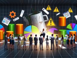 Futuristisches Agenturbüro mit Marketers, die bunte Kampagnendiagramme präsentieren; dahinter eine bröckelnde digitale Infrastruktur voller Fehler, Warnsymbole und algorithmischer Bedrohungen, während Website-Elemente wie mobile Fehler und gesprungene Sterne im Abgrund verschwinden.