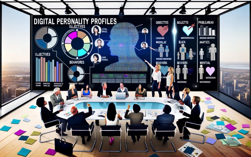 Modernes Büro mit großem digitalen Whiteboard, das mehrere detaillierte Persona-Profile mit Avataren, Datencharts und Notizen zeigt. Ein diverses Team arbeitet kollaborativ, umgeben von Laptops, Haftnotizen und Analyse-Dashboards.