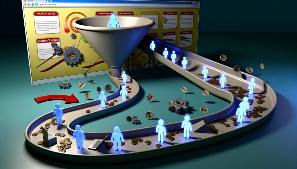 Digitale Trichter-Szene mit stockenden Leads, technischen Problemen und frustriertem Marketer – symbolisiert Reaktionsverzögerungen im Verkaufsprozess.