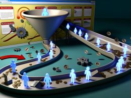 Digitale Trichter-Szene mit stockenden Leads, technischen Problemen und frustriertem Marketer – symbolisiert Reaktionsverzögerungen im Verkaufsprozess.