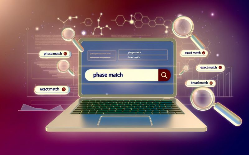 Stilisierte Illustration eines Keyword-Recherche-Dashboards auf einem Laptop mit hervorgehobenen Phrase Match Keywords, umgeben von schwebenden Suchleisten mit verschiedenen Match-Typen, digitalen Grafiken und Lupensymbolen im Hintergrund.