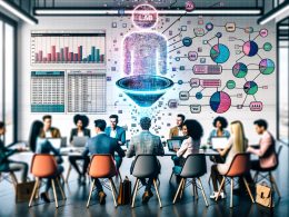 Junges, diverses Vertriebsteam im modernen Büro mit digitalen Dashboards und KI-Hologramm zur automatischen Lead-Priorisierung, analoge Elemente im Hintergrund unscharf.