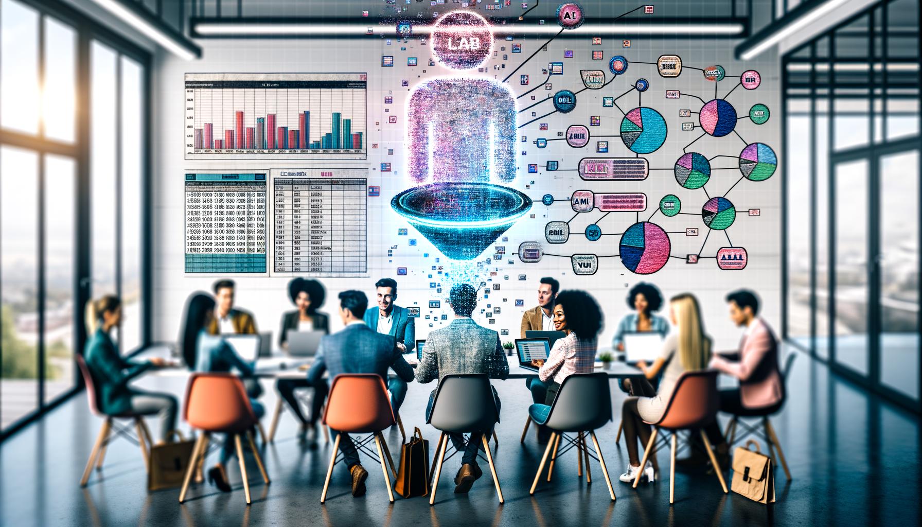Junges, diverses Vertriebsteam im modernen Büro mit digitalen Dashboards und KI-Hologramm zur automatischen Lead-Priorisierung, analoge Elemente im Hintergrund unscharf.