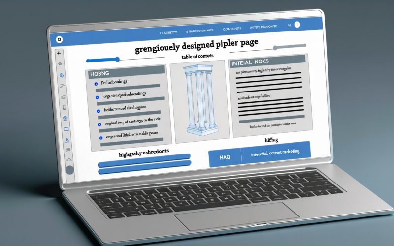 Moderne Darstellung einer Pillar Page auf einem Desktop mit seitlichem Inhaltsverzeichnis, klaren H2/H3-Überschriften, internen Links, Grafiken und FAQ-Bereich im zeitgemäßen Blau-Weiß-Design.
