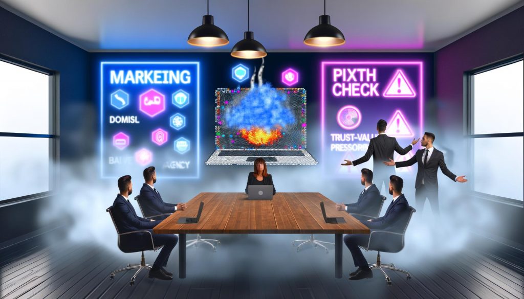 Ein moderner Büro-Meetingraum mit halbtransparentem Nebel, frustrierter Kunde vor Laptop mit Pixelblasen, relaxte Agentur im Hintergrund und Warnlichtern zu fehlendem Tech-Check.