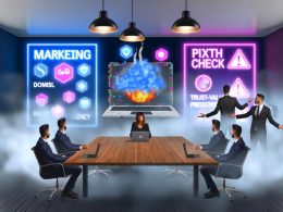 Ein moderner Büro-Meetingraum mit halbtransparentem Nebel, frustrierter Kunde vor Laptop mit Pixelblasen, relaxte Agentur im Hintergrund und Warnlichtern zu fehlendem Tech-Check.