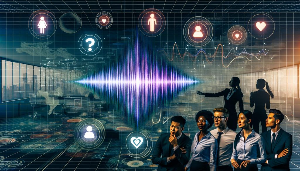 Futuristischer Arbeitsplatz mit Neon-Analytics, Daten-Dashboards und diversen Marketingexperten, die in Augmented Reality Daten- und Stimmungsströme auswerten.