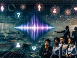 Futuristischer Arbeitsplatz mit Neon-Analytics, Daten-Dashboards und diversen Marketingexperten, die in Augmented Reality Daten- und Stimmungsströme auswerten.