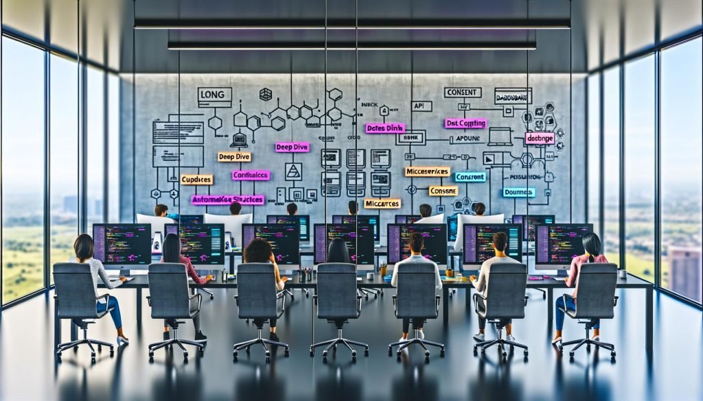 Futuristisches Open-Space-Büro mit Marketing- und Entwicklungsteams, modernen Workstations, digitalen Dashboards, Cloud-Diagrammen und agiler Arbeitsatmosphäre