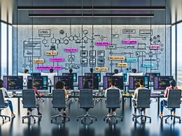 Futuristisches Open-Space-Büro mit Marketing- und Entwicklungsteams, modernen Workstations, digitalen Dashboards, Cloud-Diagrammen und agiler Arbeitsatmosphäre