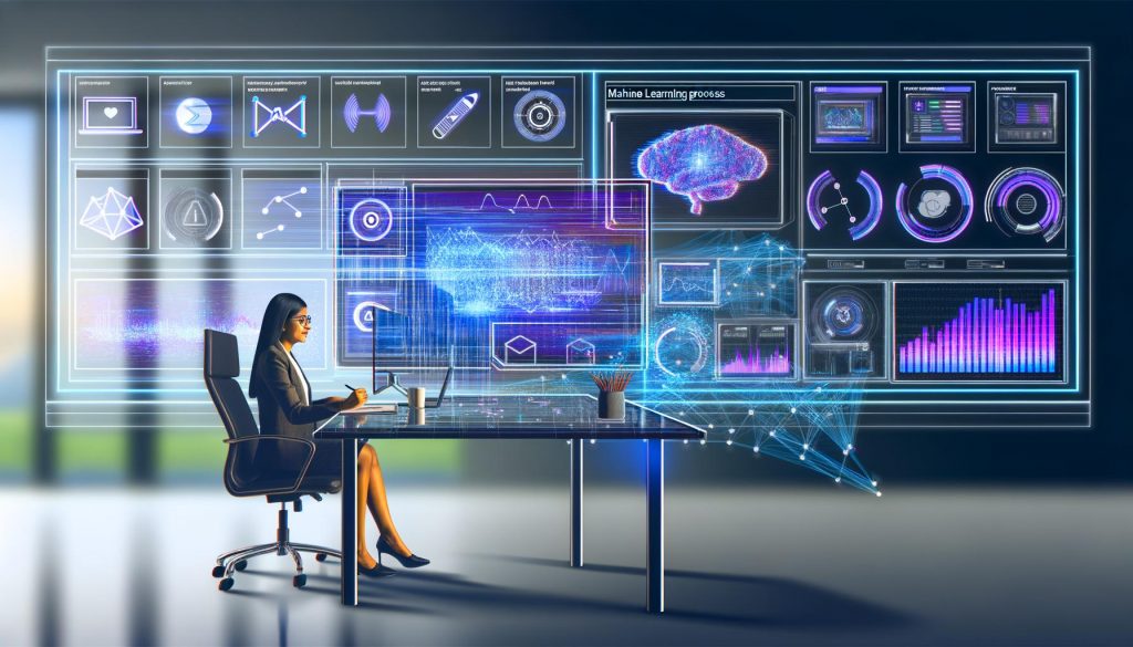 Marketer an einem minimalistischen Schreibtisch mit transparenten digitalen Displays, die KI-basierte Werbeanalyse, Datenströme und algorithmische Netzwerke im hochmodernen Büro darstellen.