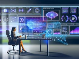 Marketer an einem minimalistischen Schreibtisch mit transparenten digitalen Displays, die KI-basierte Werbeanalyse, Datenströme und algorithmische Netzwerke im hochmodernen Büro darstellen.