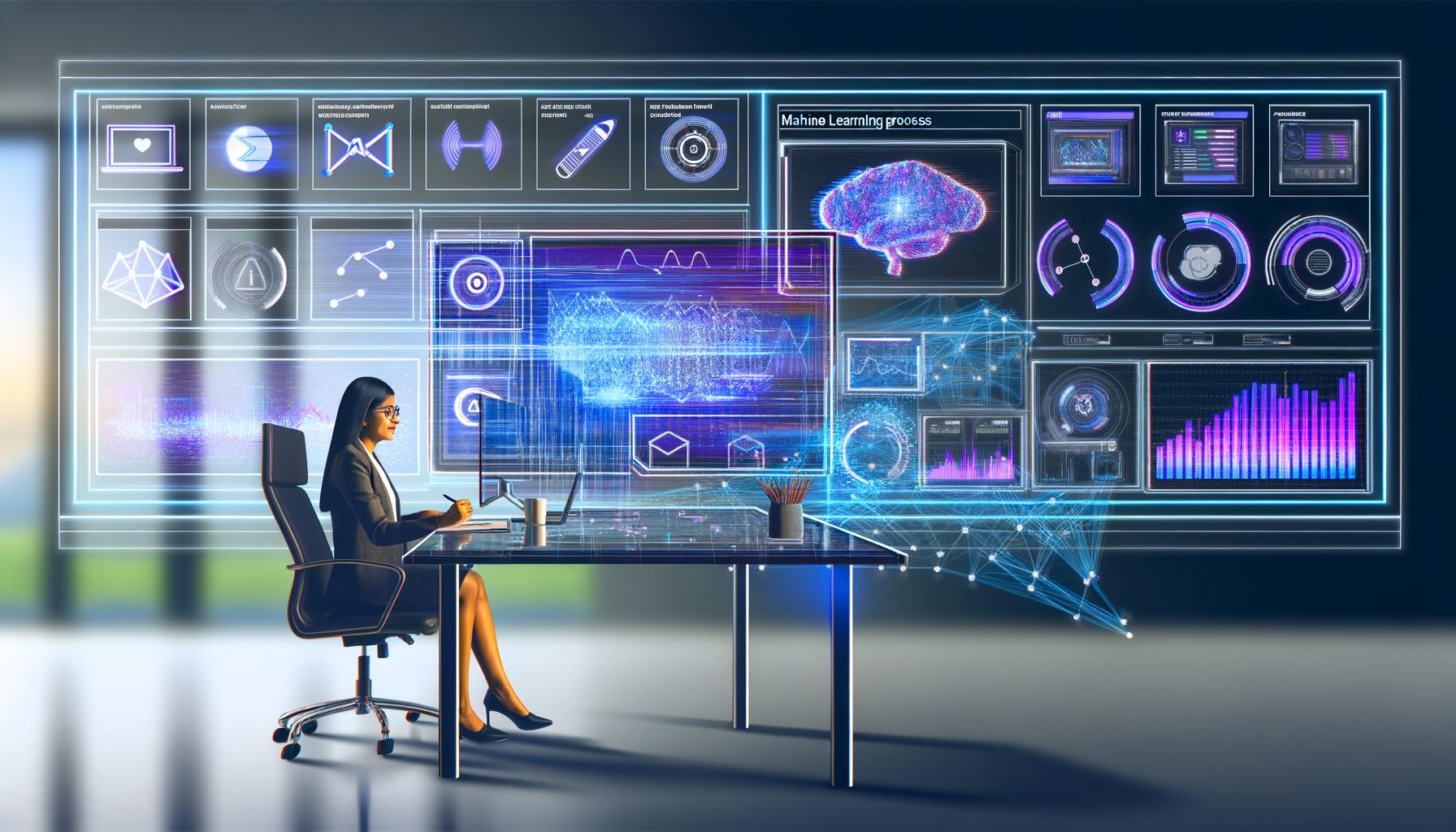 Marketer an einem minimalistischen Schreibtisch mit transparenten digitalen Displays, die KI-basierte Werbeanalyse, Datenströme und algorithmische Netzwerke im hochmodernen Büro darstellen.