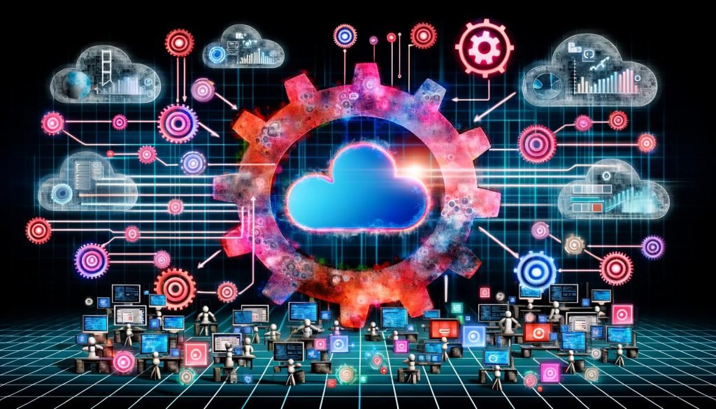 Futuristische Collage mit Cloud-Zahnrad, Datenströmen, Algorithmen, API-Linien, Headless CMS, Performance-Dashboard sowie Menschen und KI-Bots an Marketing-Arbeitsplätzen