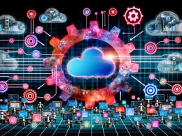 Futuristische Collage mit Cloud-Zahnrad, Datenströmen, Algorithmen, API-Linien, Headless CMS, Performance-Dashboard sowie Menschen und KI-Bots an Marketing-Arbeitsplätzen