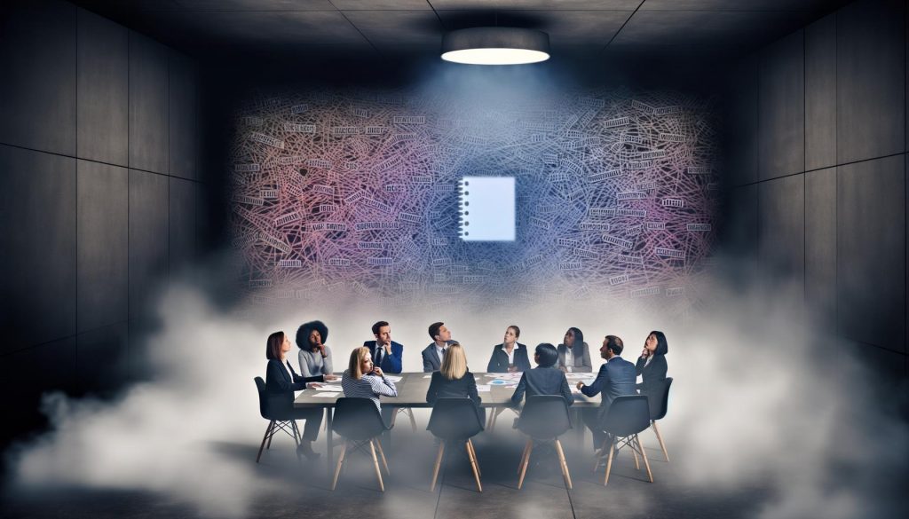 Ein verwirrtes Marketingteam um einen Konferenztisch in einem nebligen Raum, umgeben von Buzzwords und Papierfäden, mit einer leuchtenden leeren Mappe und einem schwebenden digitalen Dashboard.