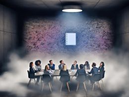 Ein verwirrtes Marketingteam um einen Konferenztisch in einem nebligen Raum, umgeben von Buzzwords und Papierfäden, mit einer leuchtenden leeren Mappe und einem schwebenden digitalen Dashboard.