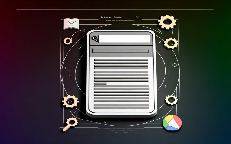 Moderne Illustration eines Suchmaschine-Interfaces mit zentraler Featured Snippet Box, Listenpunkten und umgebenden SEO-Symbolen vor Google-Farben.