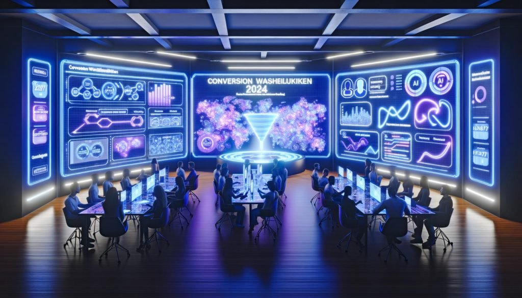 Futuristischer Marketing-Kontrollraum mit digitalen Bildschirmen, KI-Analysen, Conversion-Wahrscheinlichkeiten und arbeitenden Marketern im Jahr 2024